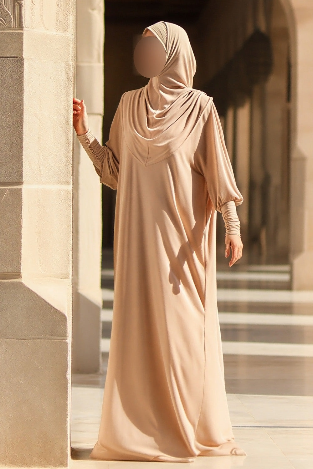 Abaya SB AS016 à manches chauve-souris décontractées et hijab intégré, couleur beige