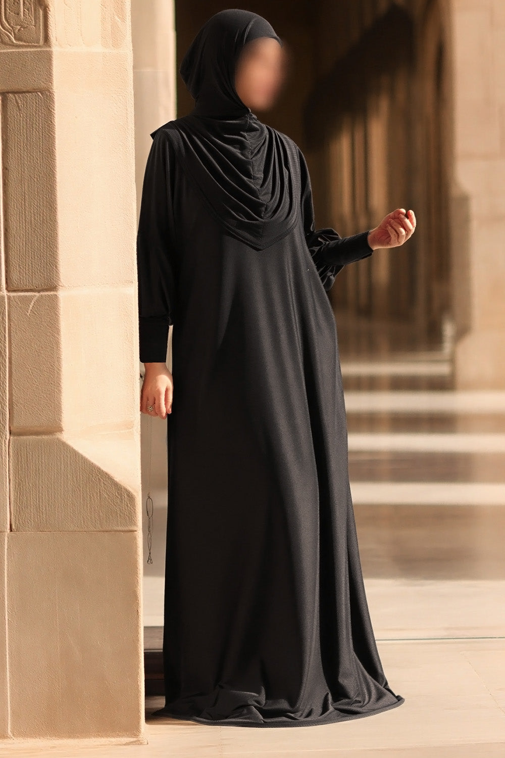 Abaya SB AS016 à manches chauve-souris décontractées et hijab intégré, couleur noire